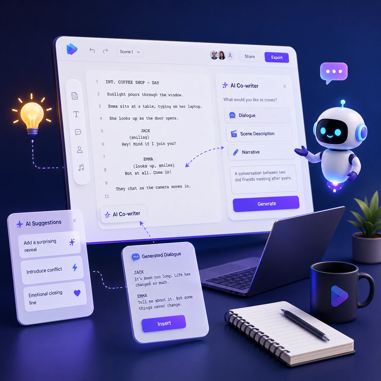 Script writing interface with AI co-writer suggestions and text editor