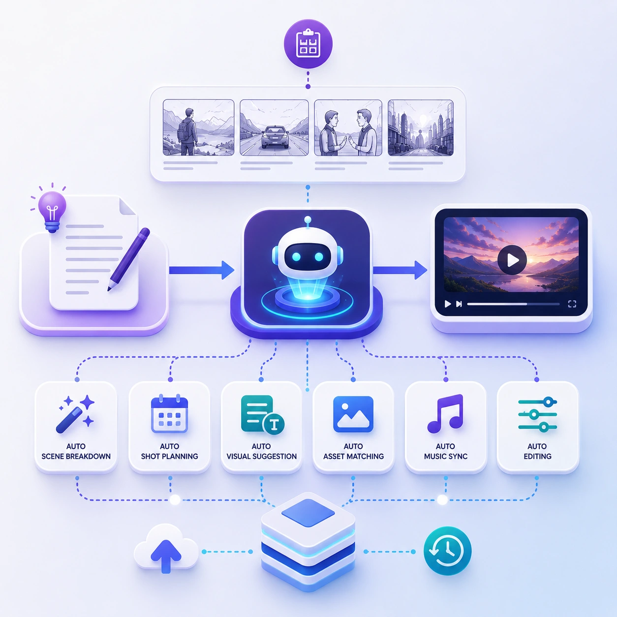 AI storyboarding interface showing shot-by-shot plan with scene thumbnails